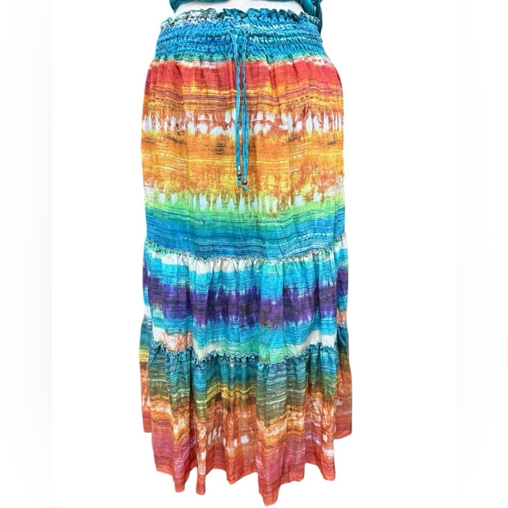 Reba Tie Dye Boho Hippie Festival Tiered Long  Drawstring Waist Skirt